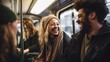 © Antonio - A joyful woman in a beanie and scarf laughs with a companion on a city tram, with other passengers and the urban landscape outside.