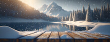 Empty Wooden Table Top Background With Free Copy Space. Snowy Winter Mountain Lake. Nature With Spruce Tree Forest At Sunset Light. Panorama With Copy Space.
