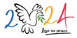 Illustration d’une colombe tenant dans son bec un rameau d’olivier, pour souhaiter une année 2024 sous le signe de la paix dans le monde.