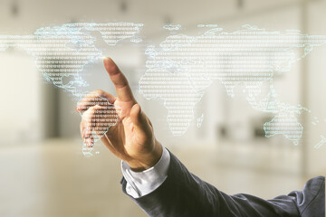 Wall Mural - multi exposure of man hand working with abstract graphic world map on blurred office background, con