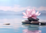 Fototapeta Desenie - Spa still life in Zen culture style with pink flower and clam blue water and clear sky background.