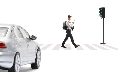 Poster - Male student in a college uniform crossing a street and looking at a smartphone