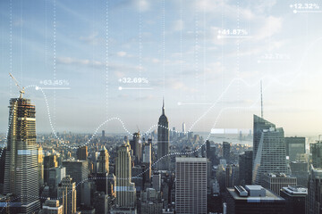Multi exposure of abstract virtual graphic data spreadsheet sketch on Manhattan cityscape background, analytics and analysis concept