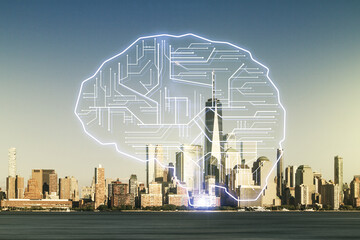 Wall Mural - double exposure of creative artificial intelligence interface on new york city skyscrapers backgroun