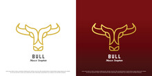 Bull Head Logo Design Illustration. Animal Outline Silhouette Bull Buffalo Cow Cattle Calf Beef Strong Horns Eyes Head Shape. Minimalist Icon Concept Elegant Luxury Majestic Glamor Pride Royal.