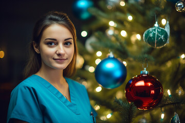 Generative AI image of smiling doctor in uniform working in a hospital decorated for christmas and new year holidays