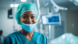 © Dirk - Smiling surgeon black woman in surgical operating room, talented doctor surgeon successfully performed complex surgery on patient, happy smiling black woman in medical coat and cap. Professional exper