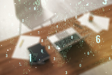 Wall Mural - multi exposure of abstract programming language hologram with world map and modern desk with compute