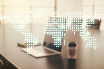 Wall Mural - abstract creative world map with connections on modern laptop background, international trading conc