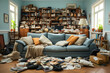 © Degimages - A messy and tidy living room with all kinds of things scattered on the floor. Ð’ots of clutter.