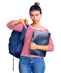 Sticker - Young woman wearing student backpack holding binder with angry face, negative sign showing dislike with thumbs down, rejection concept