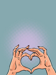 Valentine s Day and love for everyone. Women s hands show a heart. Wishing you all the best for your wedding. Pop Art Retro