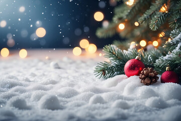  Fir tree and decorations with christmas light behind, Christmas Holiday background with snow.