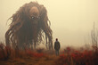 fantastic picture of a nightmare, a fictional giant creature next to a man on a foggy autumn field