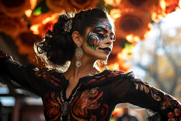 Wall Mural - Beautiful closeup portrait of young woman in traditional Calavera Catrina outfit and makeup for the Day of the Dead, dancing at the national Mexican festival.