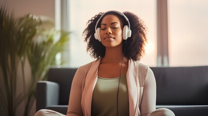 Wall Mural - Meditation, headphones and woman in home wellness, mental health or yoga podcast in living room. streaming and african person meditate, holistic exercise and peace or lotus pose. generative AI