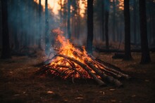 The Fire Spread Through The Forest Burning The Grass And Dry Leaves On The Ground. Ai Generative