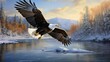 A regal bald eagle soaring above a pristine snowy river, its powerful wings spread wide against the cold winter sky.