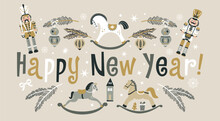 Happy New Year Nutcrackers Vector Banner On Light Background. Postcard. Childish Rocking Horses. Christmas Illustration.