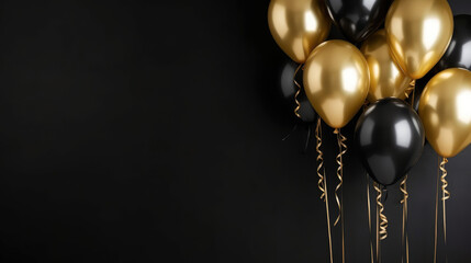 Golden balloons in front of a black background, leave blank