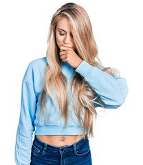 Sticker - Beautiful young blonde woman wearing casual sweatshirt feeling unwell and coughing as symptom for cold or bronchitis. health care concept.