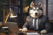 A serious businessman dog in a suit is working on a laptop in his office, a dog is a director or manager in the office.