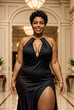 © OpticalDesign - Elegant beautiful curvy black plus size woman model in a dress, luxury background, body positivity and diversity concept, portrait hd