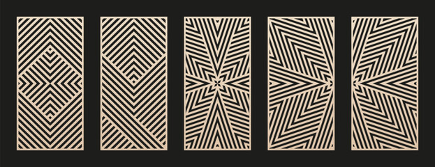 Aufkleber - Decorative stencil for laser, CNC cut. Set of vector abstract geometric patterns with lines, stripes, lattice, linear grid. Modern template for cutting of wood, metal, plastic, paper. Aspect ratio 1:2
