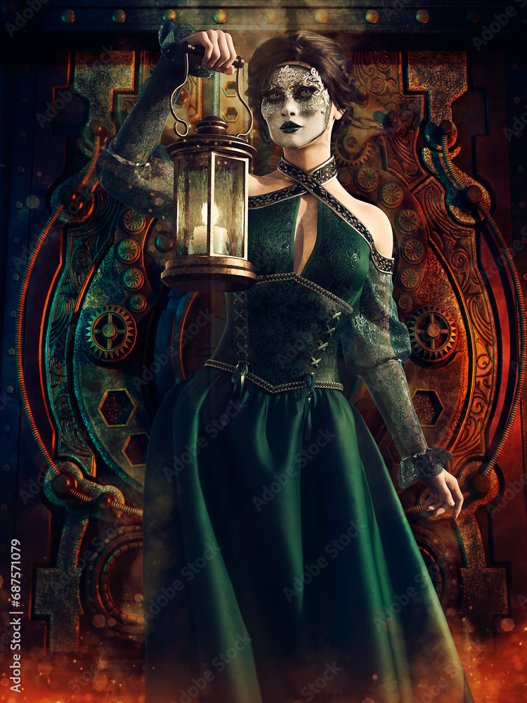 Fantasy steampunk scene with a masked woman holding a lamp, standing in ...