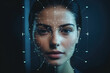 Front view portrait of attractive beautiful woman with scanning grid on her face against abstract background. Digital system for face id. Concept of security and facial recognition