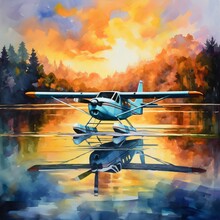 Generative AI image of Watercolor painting of white cessna plane with blue stripe flying over foggy lake and forest with brilliant orange and yellow and pink colored sunset