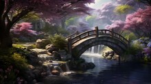 A Serene Springtime Scene With A Babbling Brook And A Bridge Adorned With Wisteria