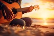 Persona tocando una guitarra frente a un atardecer de playa, creando un ambiente relajado y musical