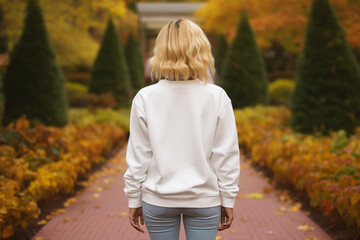 Wall Mural - Fashion and style concept. Woman with white blank sweatshirt portrait. Girl standing back to camera in yellow autumn trees background. Model wearing white blank sweatshirt or sport jumper