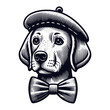 dog wearing a beret and bow tie vector sketch