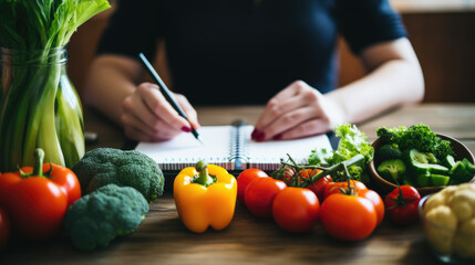 Wall Mural - Person writing in a notebook surrounded by a variety of colorful fruits and vegetables, planning healthy diet.