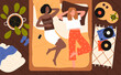 © Flash Vector - Girl friends listen to music at pajama party, cozy bedroom view from above vector illustration. Cartoon sisters or best girlfriends in underwear lying to relax to retro album on vinyl records