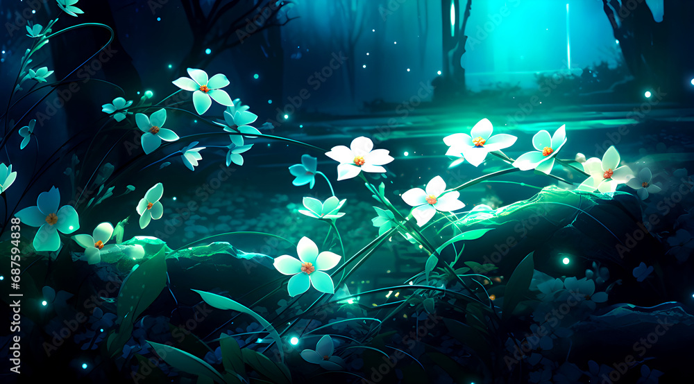magical image of glowing white flowers with a mystical blue forest ...