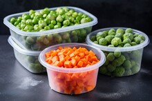 Frozen Vegetables, green peas, Brussels sprouts, young carrots, in plastic containers on a concrete-gray background with a place to copy,