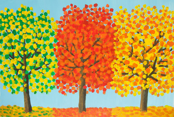 Autumn trees in green, yellow, orange and red colours painting