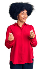 Sticker - Young african american girl wearing casual clothes doing money gesture with hands, asking for salary payment, millionaire business