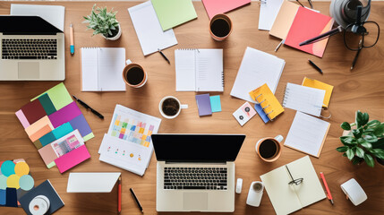 Poster - Close-up of a busy brainstorming session with multiple people, colorful note stickers, documents and laptops.