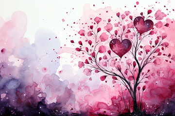 Wall Mural - Valentines Day pink watercolor landscape background. Ai generative art