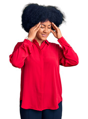 Poster - Young african american girl wearing casual clothes with hand on head, headache because stress. suffering migraine.