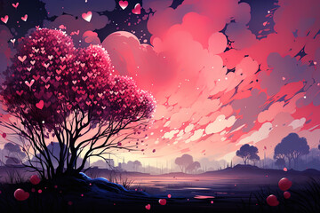 Wall Mural - Valentines Day pink watercolor landscape background. Ai generative art