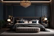 luxury bedroom interior with king size bed, dark walls, hidden wall lights behind the bed. ai generative