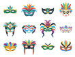 Flat carnival masks. Decorative venetian mask with feathers, isolated festival or party facial accessories. Masquerade clothes element decent vector set