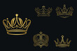 Set of golden crown, king, queen, princess, prince gold crown