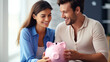 © Studio Nova - Smiling couple sitting on a sofa, holding a pink piggy bank together, symbolizing financial planning and savings in a domestic setting.