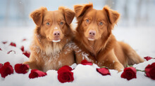 Two Cute Nova Scotia Duck Tolling Retriever Dogs On A Valentine's Day. Heart Made Of Roses On A Snow Background